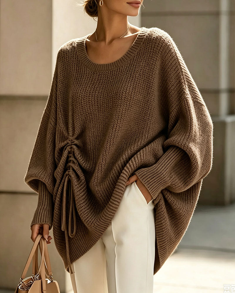 Crew Neck Drawstring Relaxed Solid Knit Pullover