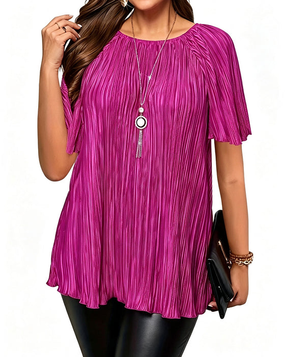 Plus Size Solid Pleated Short Sleeve T-Shirt