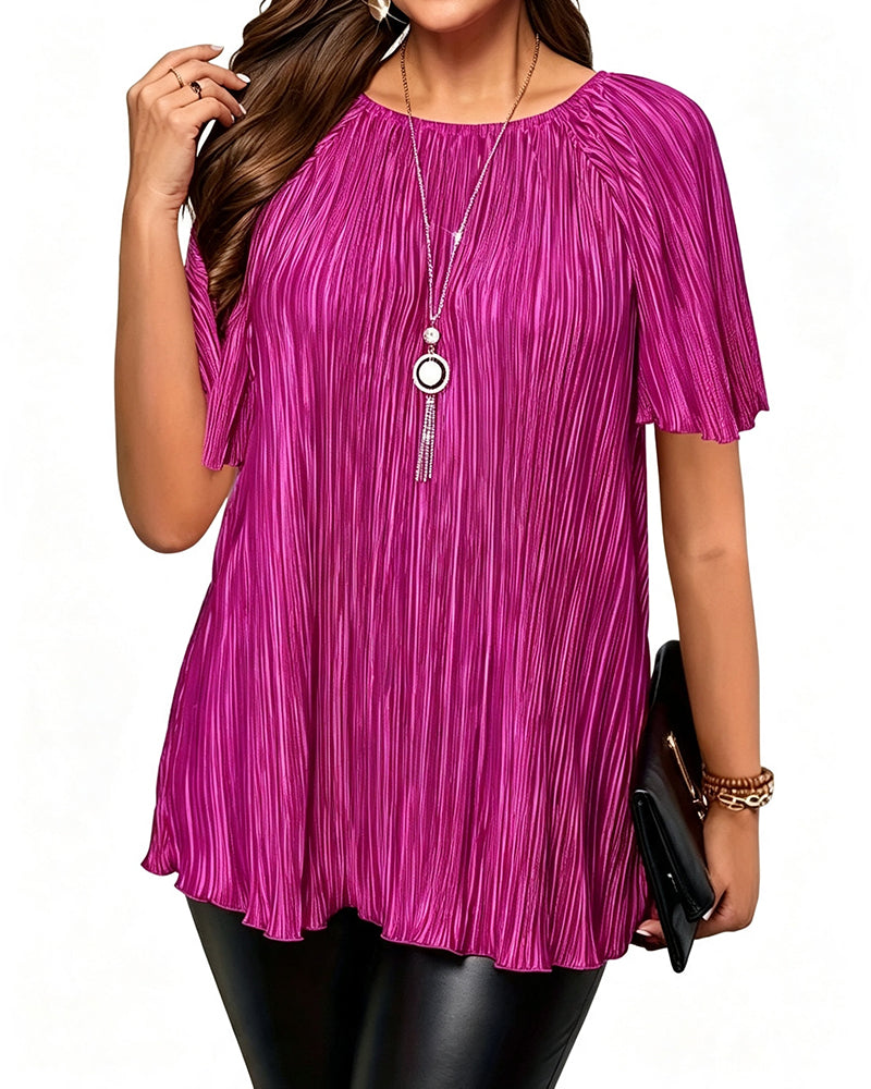 Plus Size Solid Pleated Short Sleeve T-Shirt