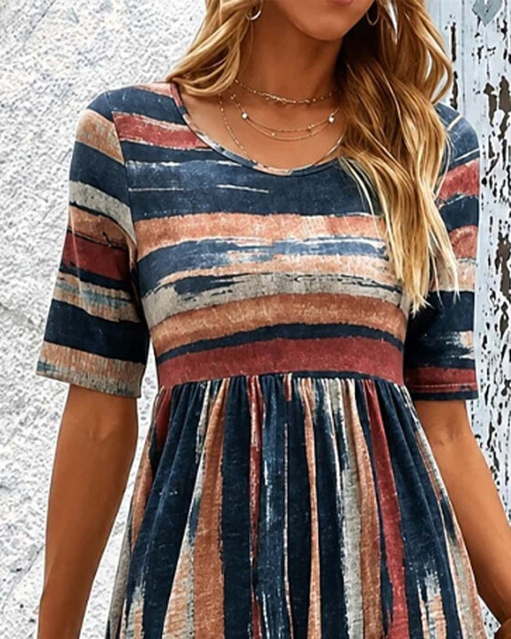 Crew Neck Striped High Waist A-Line Dress