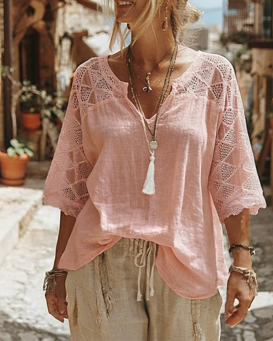 Solid-Color Paneled V-Neck Blouse