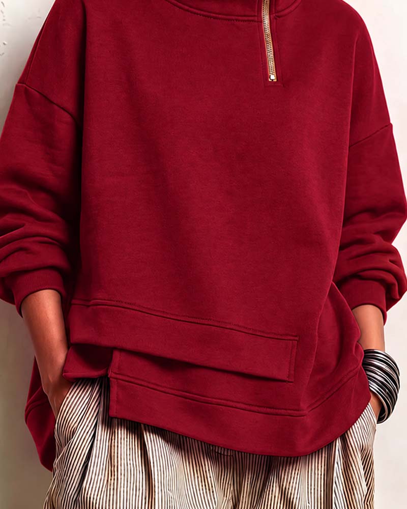 Turtleneck Zip Irregular Sweatshirt