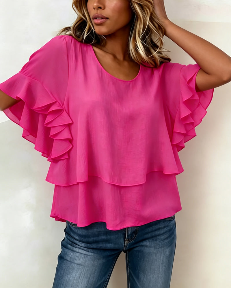 Round Neck Ruffled Short-Sleeved T-Shirt