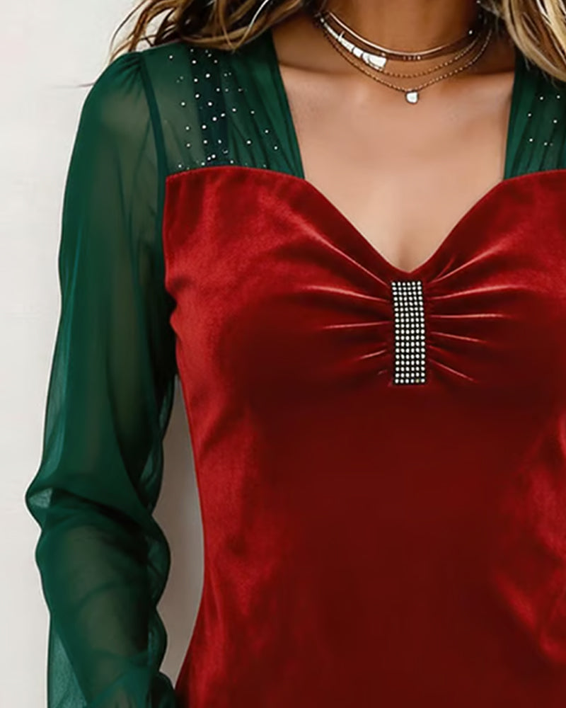 V-Neck Ruched Mesh Color-Block Slim-Fit Blouse