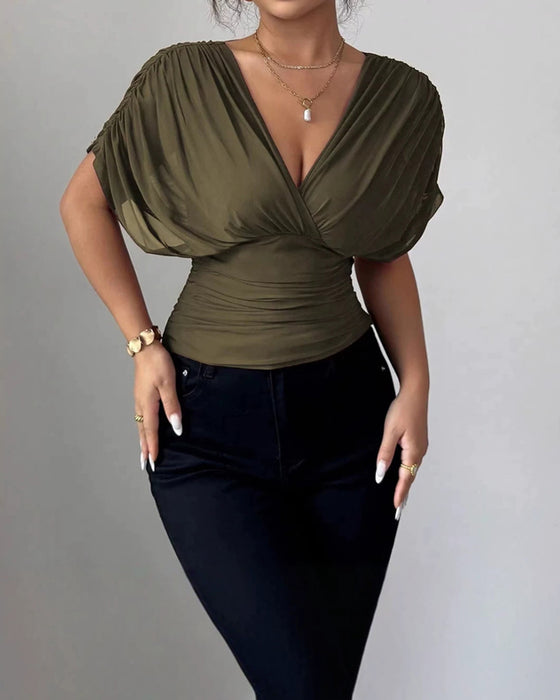 Solid Color Deep V-Nee Waist Short Sleeve Blouse