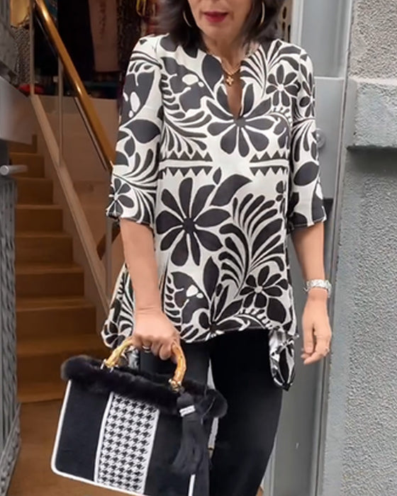 Vintage Half Sleeve Printed Blouse