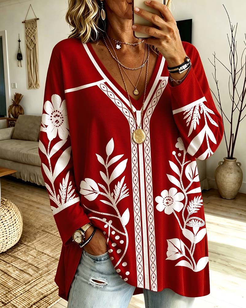V-Neck Floral Print Top