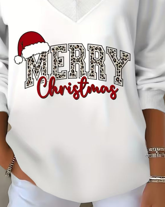 V-neck Christmas Print Sweatshirt