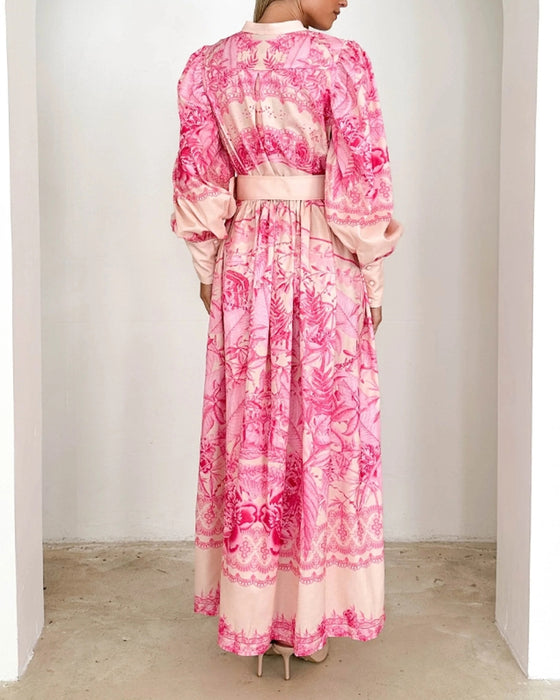 Lantern sleeve button print dress