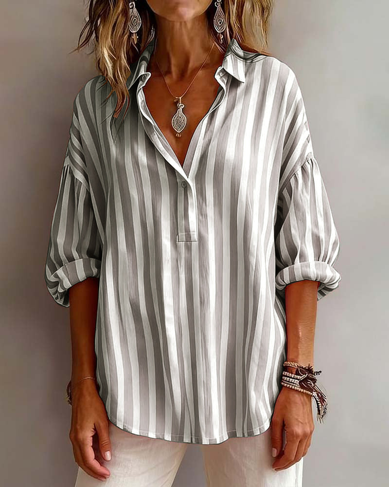 Striped Loose-Fitting Collared Blouse