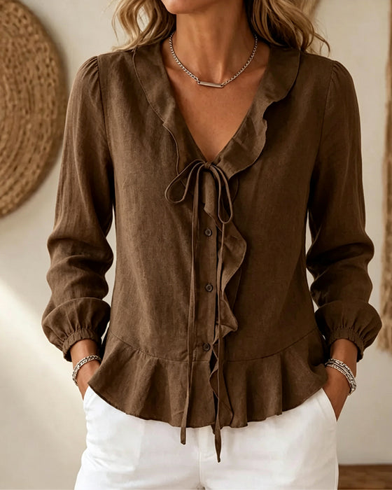 V-Neck Ruffle Tie Long Sleeve Blouse