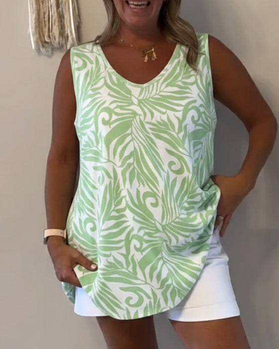 Loose-Fitting Plant-Print Tank Tops