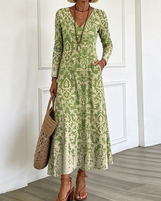 V-Neck A-Line Long Sleeve Maxi Dress