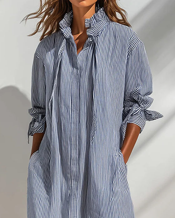 Casual Stand Collar Striped Slit Dress