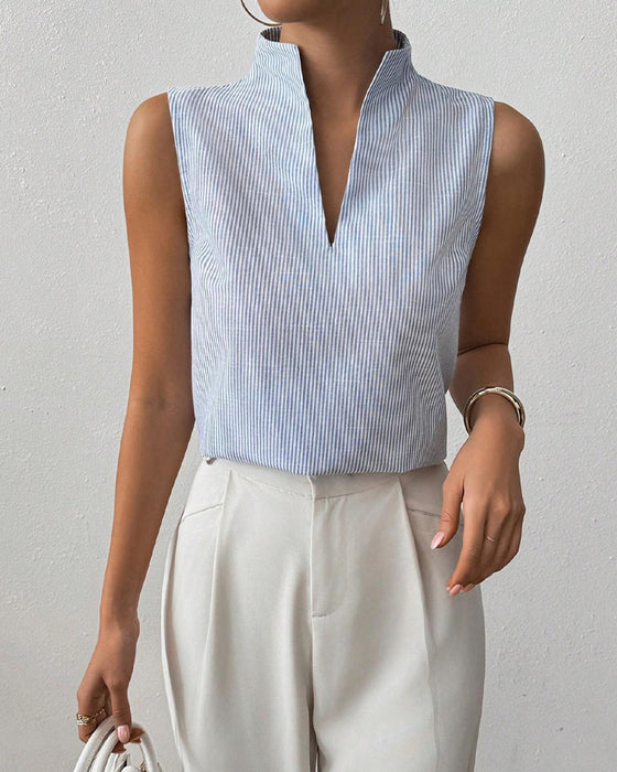 Sleeveless V-Neck Striped Blouse