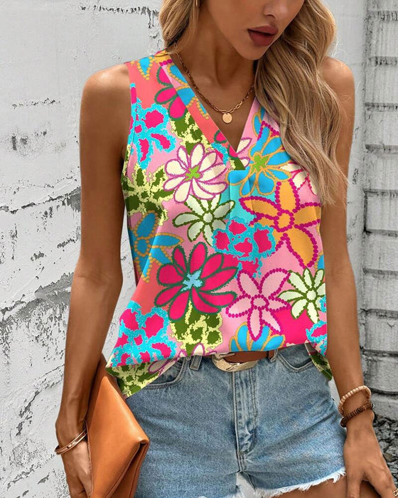 V-Neck Floral Print Sleeveless Vest