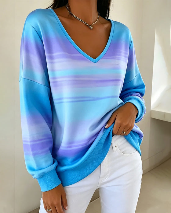 V-Neck Long Sleeve Ombre Sweatshirts