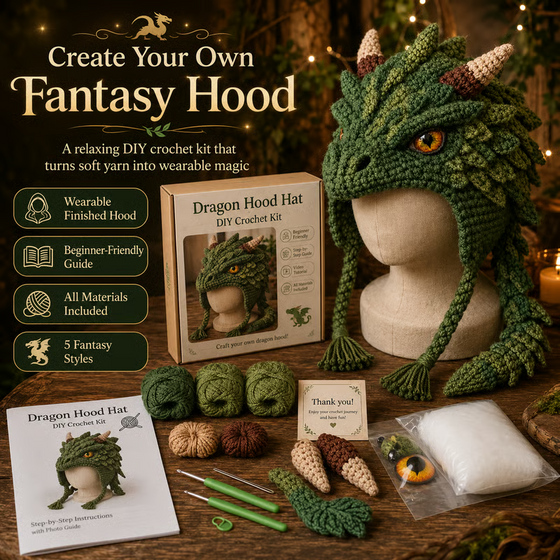 🐉✨ Fantasy Hood Hat DIY Crochet Kit 🧶🎭✨