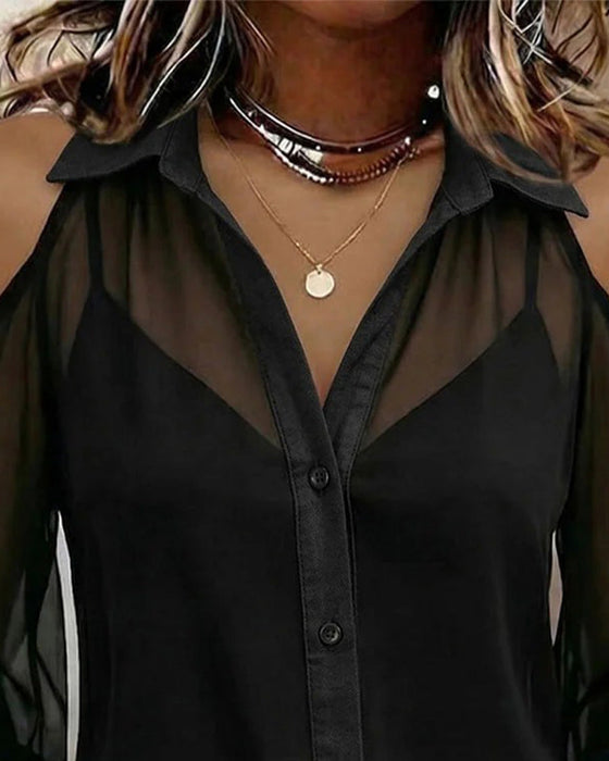 Lapel Off Shoulder Sheer Shirt Camisole Two Piece Set