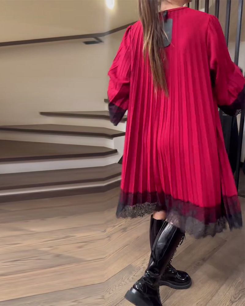 Pleated Loose Round Neck Dress