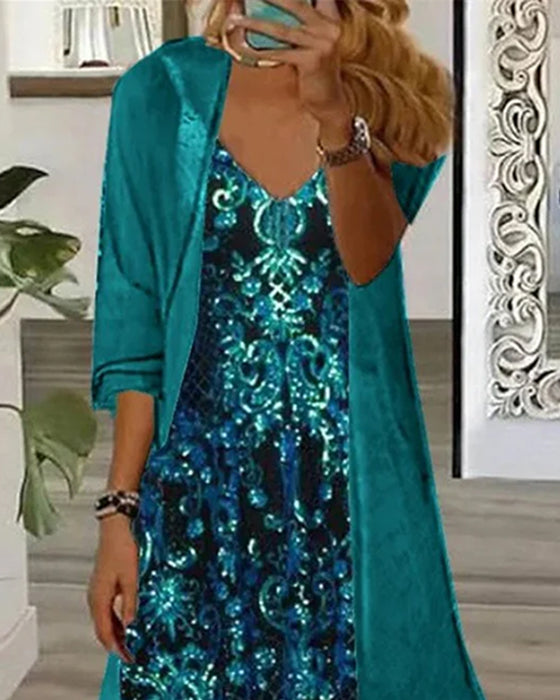 V-Neck Print Irregular Cardigan Set