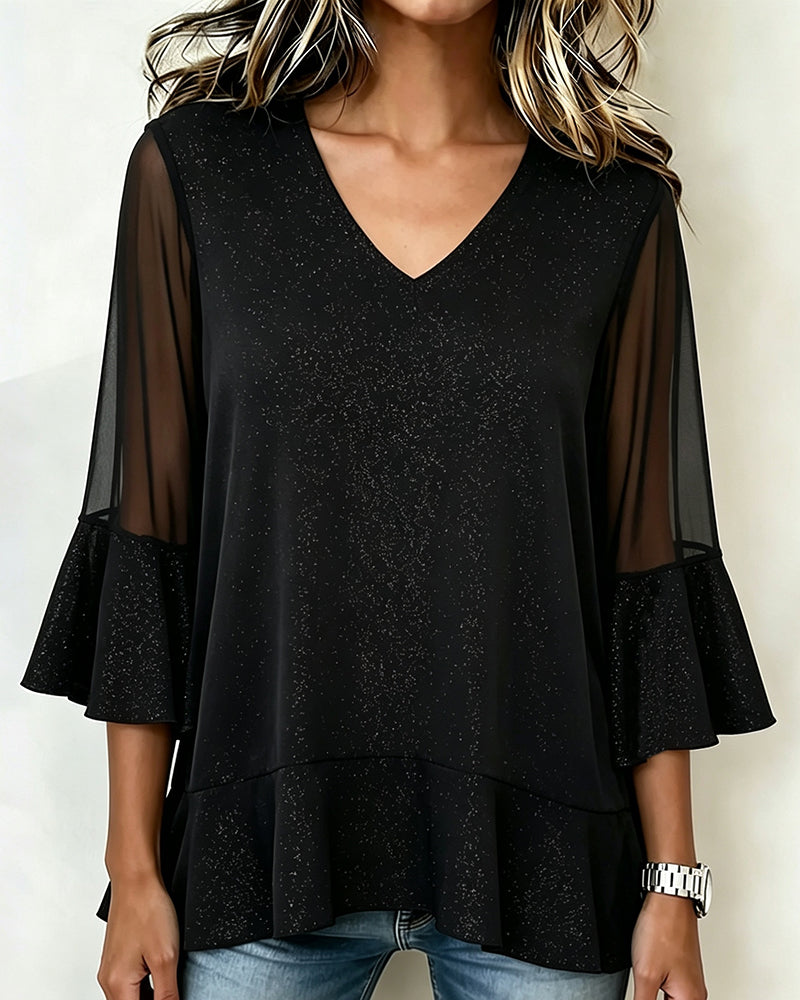 V-Neck Ruffled Half-Sleeve Top
