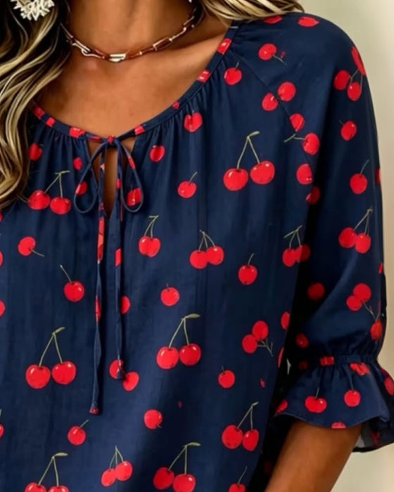 Cherry Print Tie 3/4 Sleeve Blouse