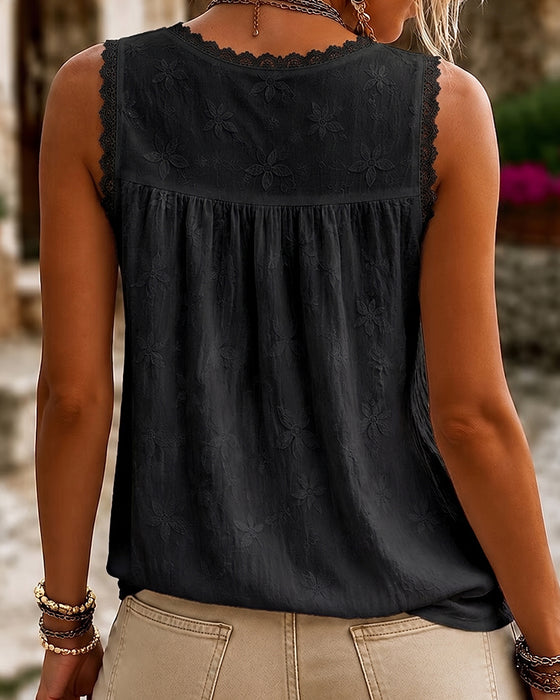 V-Neck Solid Color Lace Tank Top