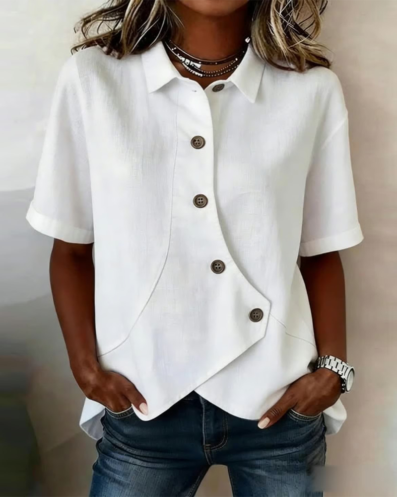 Asymmetrical Cotton Linen Placket Button-Down Shirt