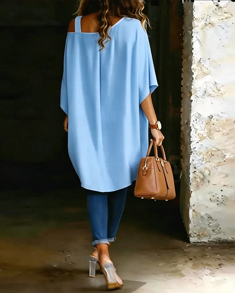Asymmetric Cold-Shoulder Solid Color Casual Blouse