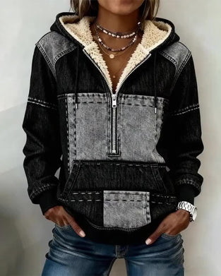 Retro Color-Block Fleece-Lined Hoodie