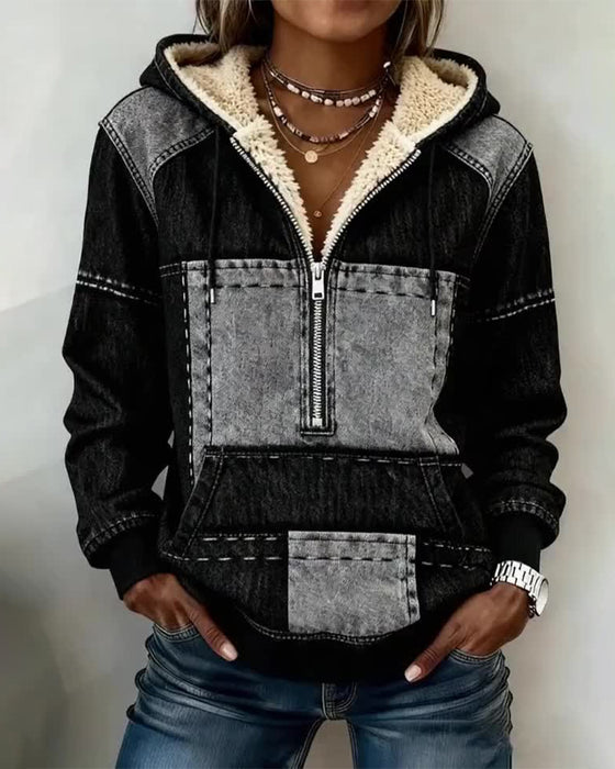 Retro Color-Block Fleece-Lined Hoodie