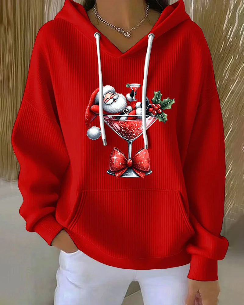 Santa Claus Wine Glass Printed Hoodie