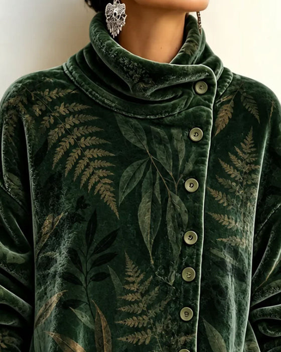 Turtleneck Button Leaf Print Top