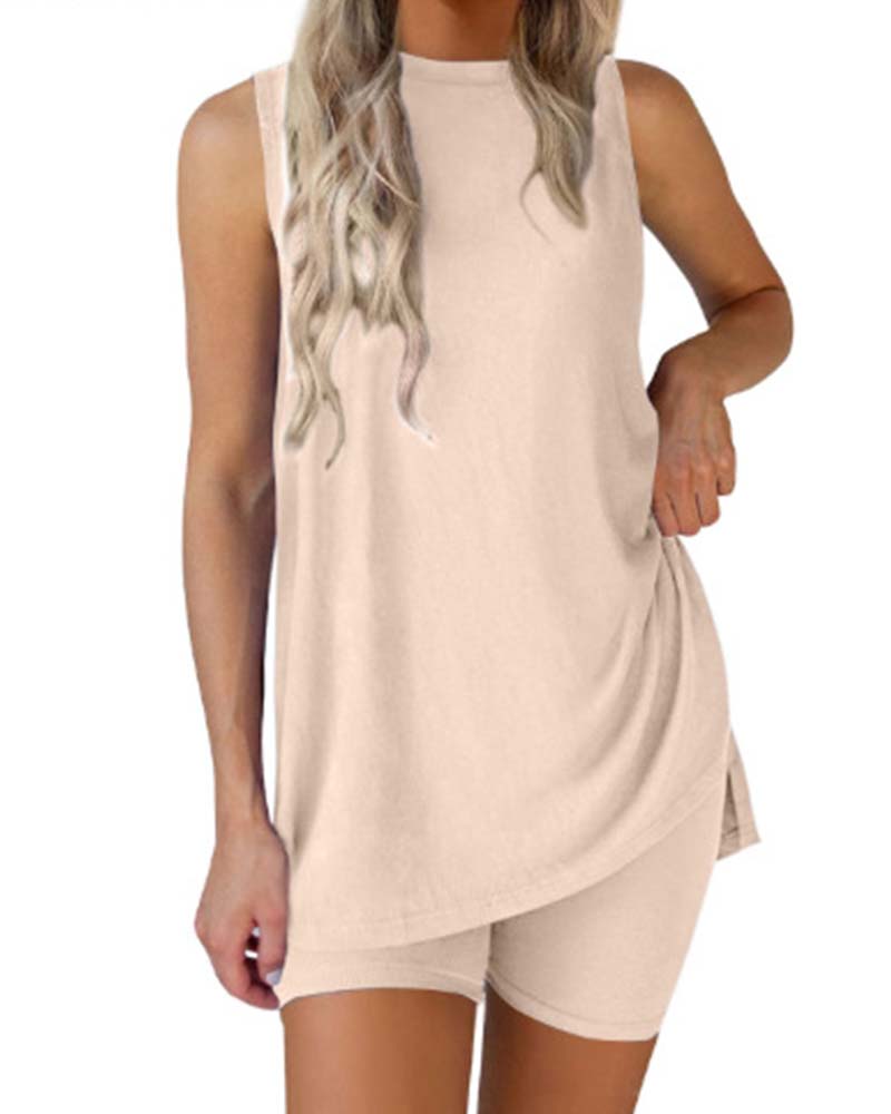 Sleeveless Top And Shorts Solid Color Set