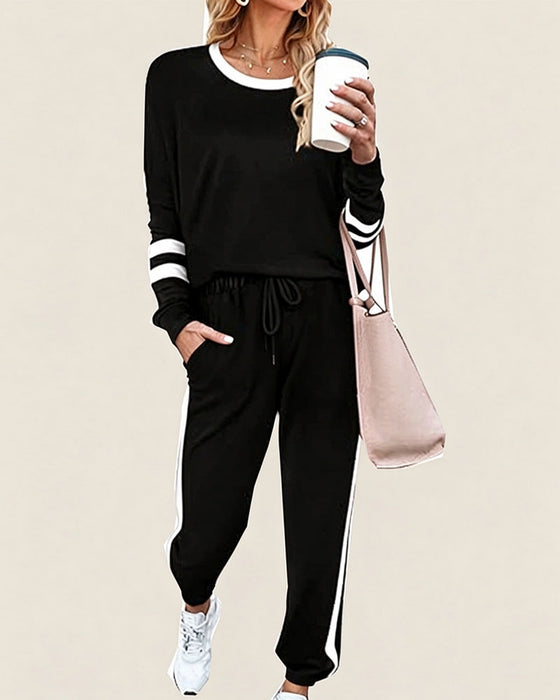 Round Neck Long Sleeve Top Jogger Pants Set