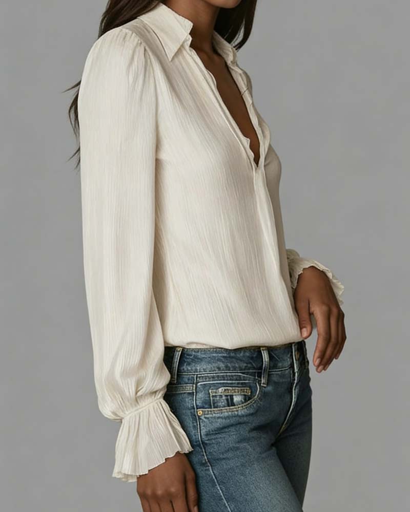 Elegant Deep V-Neck Blouse With Ruffled Sleeves