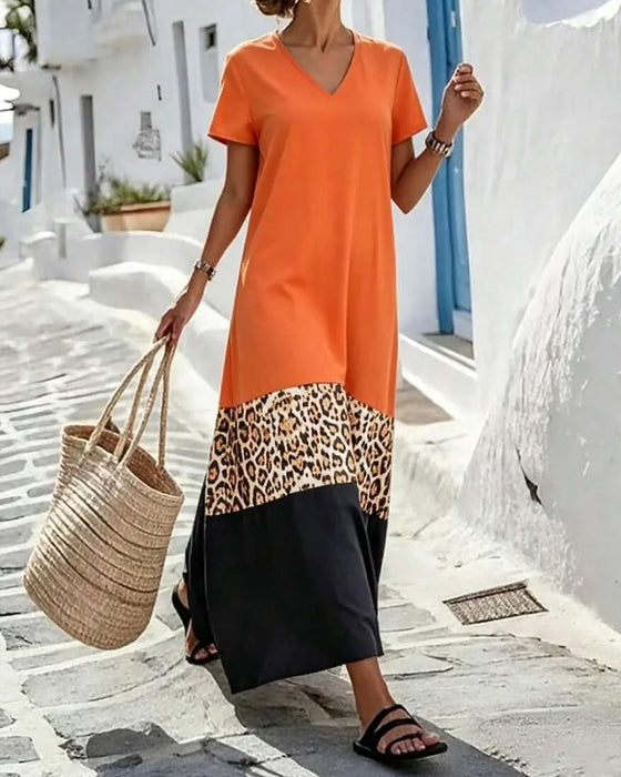 V-Neck Color Block Patchwork Leopard Maxi Dress