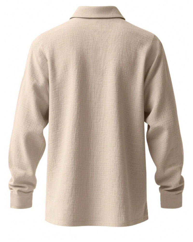 Men's Lightweight Loose Linen Long Sleeve Polo Shirt