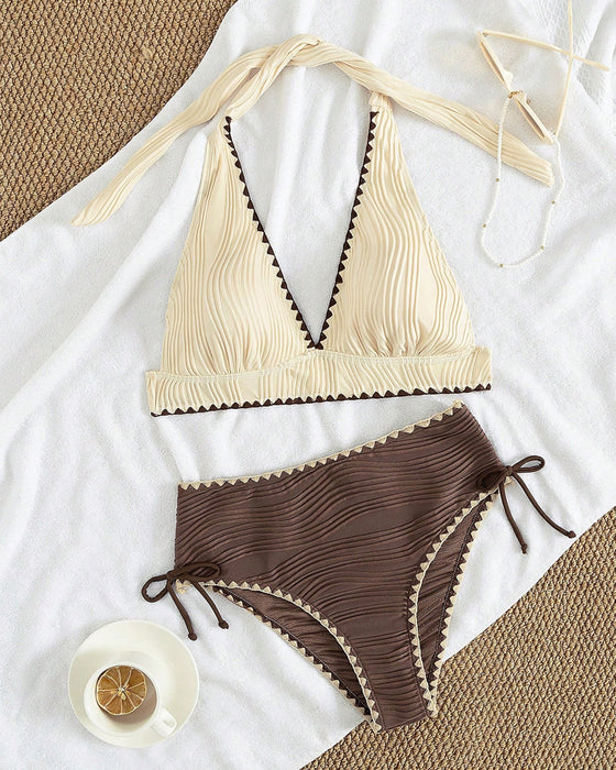 Halter Neck Contrast Color Bikini Two-Piece Set