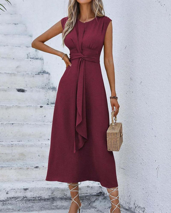 Solid Color Cinched Waist Tie Dress