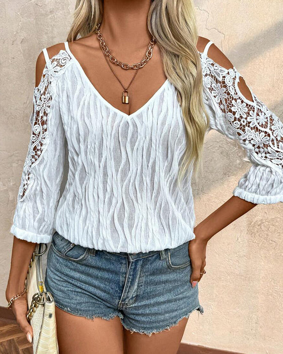 Lace Off-Shoulder Ruched Textured Blouse