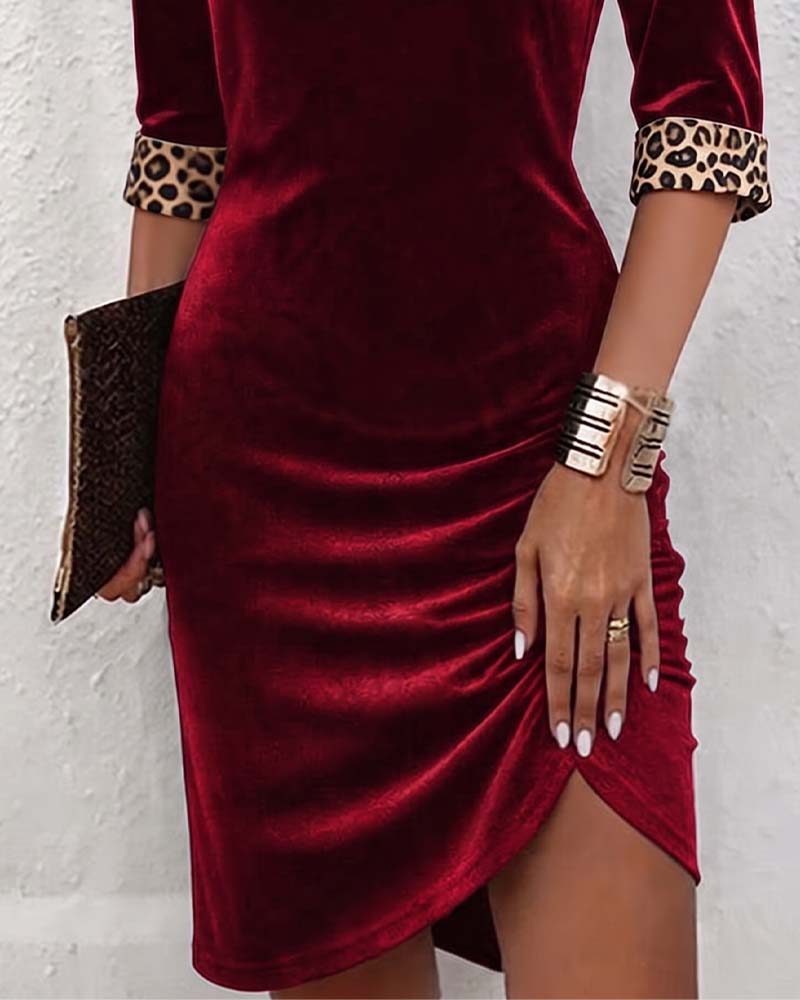 Draped Cowl Neck Leopard Print Half Sleeve Fitted Dress