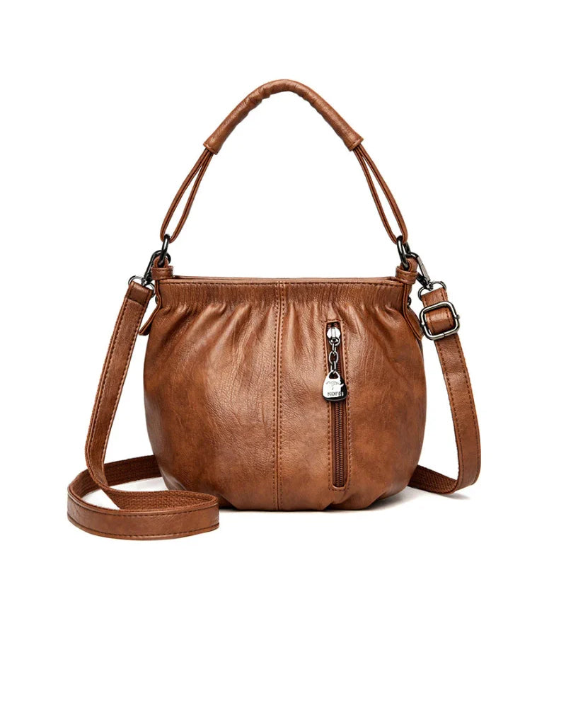 Casual Pleated Bucket Soft Leather Handbag