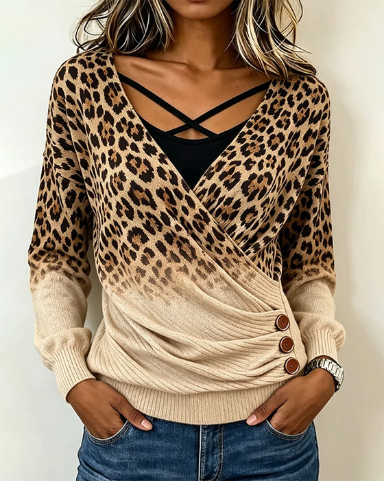 Leopard Print Cross Gradient Mock Two-Piece Top