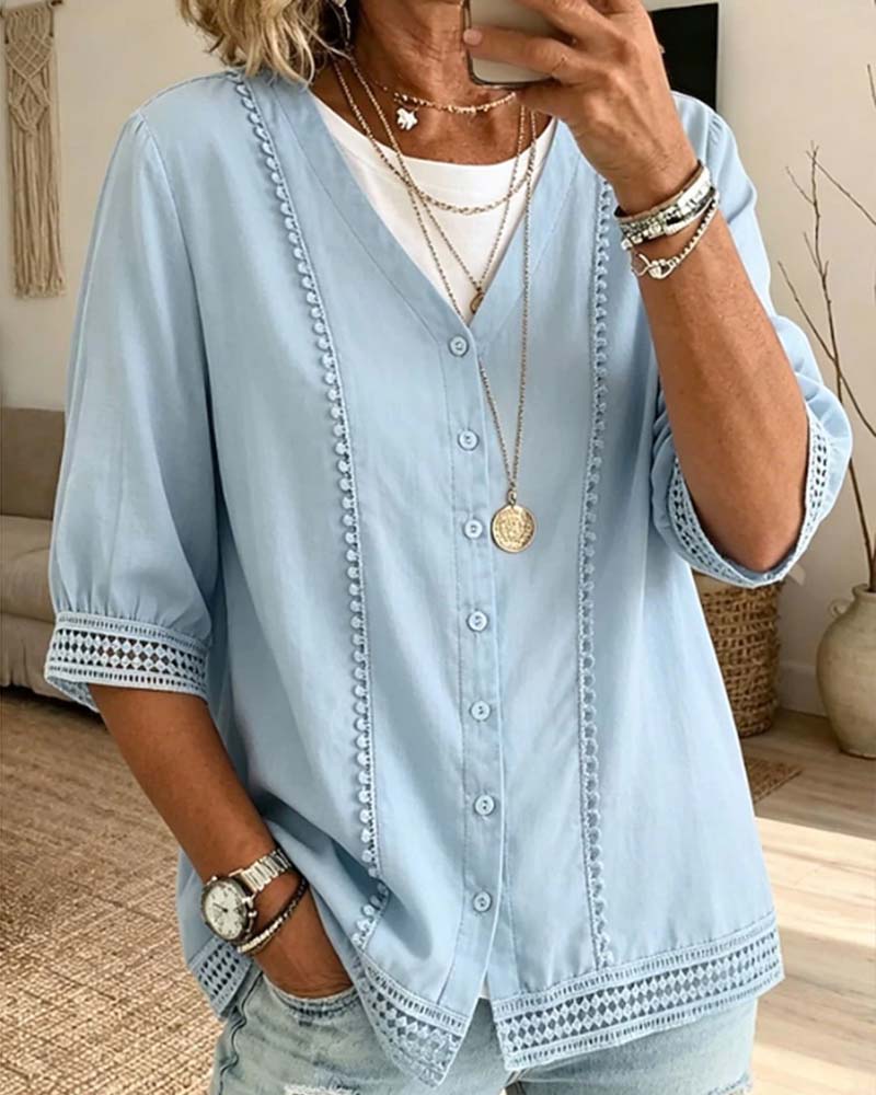 V-neck Button Lace Hollow-out Solid Color Blouse