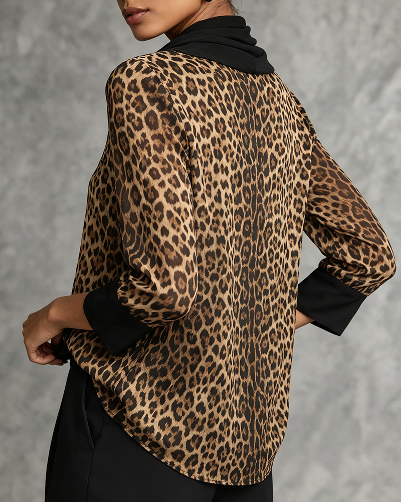 Mock Neck Leopard Elbow-Length Sleeve Blouse