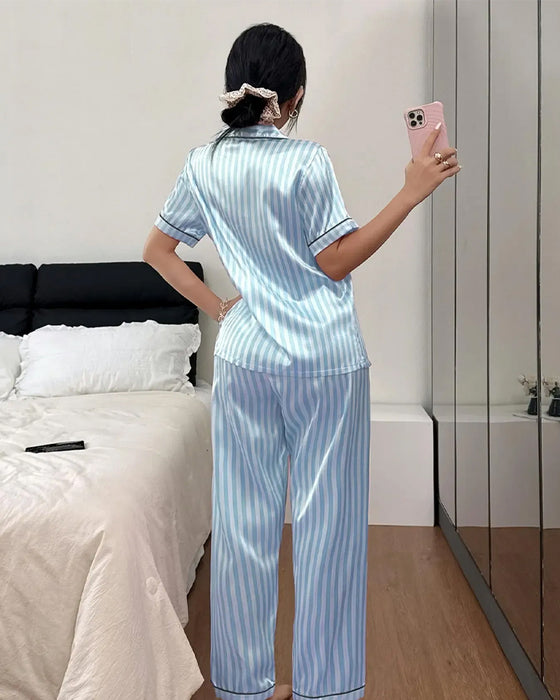 Striped Shirt Collar Bow Pajama Set