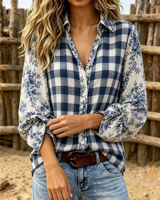 Floral Check Lapel Long Sleeve Shirt