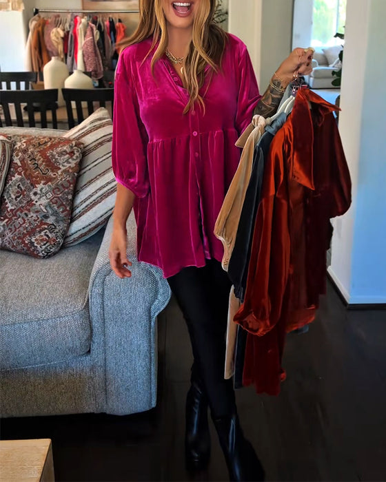 Loose-Fitting Velvet Three-Quarter Sleeve Blouse